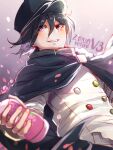  1boy artist_name black_cape black_hair black_headwear blurry blurry_foreground bottle buttons cape danganronpa_(series) danganronpa_v3:_killing_harmony depth_of_field double-breasted dutch_angle english_commentary fanta from_below grey_background grin hair_between_eyes hakamii hat highres holding male_focus ouma_kokichi petals purple_eyes short_hair smile solo teeth upper_body 