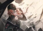  1girl 52hertz arknights ash_(rainbow_six_siege) assault_rifle baseball_cap black_clothes black_gloves black_jacket braid braided_ponytail fingerless_gloves gloves gun hat highres holding holding_gun holding_weapon jacket long_hair looking_at_viewer rainbow_six_siege red_eyes red_hair rifle solo sunglasses tactical_clothes upper_body weapon 