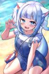  1girl :d absurdres animal_ears blue_dress blue_eyes cat_ears deaver dress gawr_gura hand_up highres hololive hololive_english looking_at_viewer open_mouth paw_pose short_hair side_ponytail smile solo virtual_youtuber white_hair 