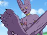  2021 5_fingers 5_toes anthro barefoot beerus benjipaws cloud day domestic_cat dragon_ball dragon_ball_super erection feet felid feline felis fingers foot_focus genitals hi_res humanoid_feet jewelry looking_down male mammal masturbation nude open_mouth outside penis solo teeth toes 