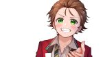  1boy brown_hair formal green_eyes hatoka_ra5 highres male_focus necktie red_suit shirt smile suit teeth urashimasakatasen uratanuki utaite_(singer) white_background 