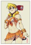  1girl alia_(mega_man) android armlet bikini blonde_hair blue_eyes border breasts cowboy_shot eyebrows_visible_through_hair front-tie_bikini front-tie_top highres joints medium_breasts mega_man_(series) mega_man_x_(series) navel orange_bikini red_lips robot_joints rockman_x_dive ryan_jampole signature smile solo swimsuit white_border wrist_cuffs 