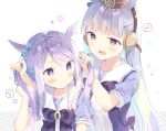  2girls :d animal_ears blue_ribbon blue_shirt blush bow brown_headwear bunching_hair closed_mouth commentary_request ear_covers ear_ribbon eighth_rest flying_sweatdrops gold_ship_(umamusume) hat horse_ears long_hair mejiro_mcqueen_(umamusume) mini_hat multiple_girls musical_note open_mouth puffy_short_sleeves puffy_sleeves purple_bow purple_eyes purple_hair red_eyes ribbon school_uniform shirt short_sleeves silver_hair smile spoken_flying_sweatdrops spoken_musical_note tracen_school_uniform twintails umamusume upper_body very_long_hair wavy_mouth white_background yuizaki_kazuya 