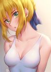  1girl artoria_pendragon_(all) bangs bare_arms bare_shoulders blonde_hair blue_ribbon blush braid breasts cleavage closed_mouth collarbone commentary_request dress fate/grand_order fate_(series) green_eyes grey_background hair_between_eyes hair_ribbon highres hua-j lips looking_at_viewer medium_breasts ribbon saber shiny shiny_hair short_hair sleeveless sleeveless_dress solo upper_body white_dress 