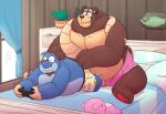  2021 anthro bed bedroom belly blue_body brown_body brown_fur cade_(the_human_heart) clothing controller detailed_background duo dylan_(the_human_heart) eulipotyphlan eyes_closed fur furniture game_controller gaming hi_res inside leonthelionel lying male male/male mammal mole_(animal) overweight overweight_male pillow playing_videogame sitting the_human_heart_(game) underwear ursid video_games visual_novel 