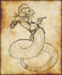  2020 apode bottomless breasts caribou_(artist) cleavage clothed clothing draconcopode female gun gun_belt handgun hat headgear headwear holster legless monochrome naga non-mammal_breasts pit_viper ranged_weapon rattle_(anatomy) rattlesnake reptile revolver scales scalie serpentine snake solo viper weapon 