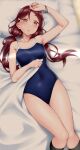  1girl :o alternate_hairstyle arm_up bang bare_arms bed black_legwear blanket blue_swimsuit breasts collarbone finger_gun from_behind hair_ornament hairclip highres indoors kneehighs long_hair love_live! love_live!_sunshine!! on_bed one-piece_swimsuit open_mouth pillow sakurauchi_riko school_swimsuit small_breasts solo swimsuit twintails wristband yopparai_oni 