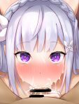  1boy 1girl absurdres bangs bar_censor blush braid censored close-up cum cum_in_mouth deepthroat elf emilia_(re:zero) eyebrows_visible_through_hair facial fellatio flower hair_flower hair_ornament hetero highres looking_at_viewer nude oral penis pointy_ears pov purple_eyes re:zero_kara_hajimeru_isekai_seikatsu sidelocks silver_hair solo_focus user_uapd3574 