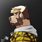  2021 anthro beard blonde_hair bovid bovine brown_body brown_fur brown_hair cattle checked_shirt clothing dated digital_media_(artwork) dyed-hair emyr_minotaur european_mythology facial_hair fan_character flannel fur greek_mythology green_eyes hair headshot_portrait hi_res hoodie horn humanoid male mammal minotaur mythology portrait side_view signature smile solo topwear 