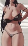  1girl black_bra black_hair black_panties bra breasts cleavage eu03 faceless faceless_female indoors large_breasts lipstick long_hair looking_to_the_side loose_clothes makeup original panties removing_bra simple_background solo standing underwear 