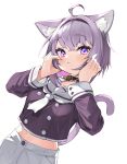  1girl absurdres animal_ear_fluff animal_ears black_collar blush breasts cat_ears cat_girl cat_tail closed_mouth collar cropped_shirt dutch_angle eyebrows_visible_through_hair eyelashes hair_between_eyes hairband hands_on_own_face highres hololive light_purple_hair long_sleeves looking_at_viewer medium_breasts midriff narita_tamezou navel nekomata_okayu purple_eyes purple_shirt sailor_collar school_uniform serafuku shirt short_hair simple_background solo tail upper_body virtual_youtuber white_background white_neckwear 