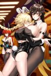  2girls absurdres aether_(genshin_impact) ahoge animal_ears arm_garter bare_shoulders black_gloves black_legwear blonde_hair blurry blurry_background blush braid braided_ponytail breasts brown_hair bunny_ears bunny_tail catching coattails commentary_request crop_top cup detached_collar diluc_ragnvindr earrings eyebrows_visible_through_hair fake_animal_ears fake_tail genderswap genderswap_(mtf) genshin_impact glass gloves gradient_hair hand_on_another&#039;s_back highres holding holding_tray huge_breasts jewelry large_breasts leg_garter leotard long_hair male_playboy_bunny multicolored_hair multiple_girls necktie open_mouth orange_hair pantyhose playboy_bunny playboy_bunny_leotard ponytail red_hair scar scar_on_arm scar_on_chest scar_on_leg single_earring sleeveless slipping strapless strapless_leotard sweat tail tassel tassel_earrings thighhighs tray water wing_collar wrist_cuffs yavalley yellow_eyes zhongli_(genshin_impact) 