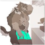  1:1 2021 anthro bonfiredemon canid canine canis clothing duo hand_in_underwear hug male male/male mammal muscular muscular_anthro muscular_male nipples tharis underwear wolf 