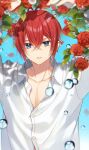  1boy blue_eyes flower highres kwakah red_hair riddle_rosehearts rose shirt simple_background solo twisted_wonderland water_drop white_shirt 