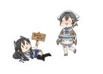  2girls :3 annin_musou apron bad_id bad_twitter_id bandana black_hair black_thighhighs blue_skirt chibi closed_eyes commentary_request crop_top grey_neckerchief hair_flaps hair_ornament hair_ribbon hairclip headgear i-47_(kancolle) jingei_(kancolle) kantai_collection long_hair low-tied_long_hair low_ponytail lying multiple_girls neckerchief on_side plate pleated_skirt ribbon sailor_collar sailor_shirt school_swimsuit school_uniform see-through see-through_skirt serafuku shirt sidelocks sign simple_background skirt sleeveless sleeveless_shirt swimsuit thighhighs translated tress_ribbon white_apron white_background white_neckerchief white_sailor_collar white_thighhighs 