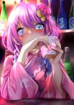  1girl ahoge alcohol bangs blush bottle braid closed_mouth cup drinking_glass eyebrows_visible_through_hair fingernails flower fumihiko_(fu_mihi_ko) hair_flower hair_ornament heterochromia highres himemori_luna holding holding_cup hololive japanese_clothes kimono long_hair looking_at_viewer low_twin_braids multicolored_hair pink_hair pink_kimono pink_nails purple_eyes purple_hair sake_bottle smile solo swept_bangs twin_braids virtual_youtuber wide_sleeves 