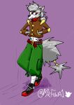  absurd_res anthro belt bottomwear canid canine canis clothing eyewear footwear fur glasses grey_body grey_fur hi_res jacket male mammal mr_fuwa pants purple_background red_eyes shoes simple_background smile sneakers solo topwear wolf 