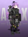  1girl absurdres apex_legends armor artpatient axe bibi_(tokoyami_towa) braid copyright_name cosplay creature_on_head ear_piercing earrings english_commentary french_braid full_body gibraltar_(apex_legends) gibraltar_(apex_legends)_(cosplay) gradient gradient_background green_eyes highres hololive jewelry long_hair looking_at_viewer piercing pouch purple_background purple_hair shield standing tokoyami_towa twintails virtual_youtuber 