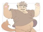  2021 anthro barely_visible_genitalia barely_visible_penis blush canid canine canis clothing domestic_dog eyes_closed genitals humanoid_hands inunoshippo kemono male mammal overweight overweight_anthro overweight_male penis shirt simple_background solo topwear white_background 