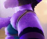  ambiguous_gender anthro butt canid canine close-up clothing fur green_body green_fur jockstrap kiloart legwear low-angle_view mammal multicolored_body multicolored_fur purple_body purple_fur solo standing thigh_highs two_tone_body two_tone_fur underwear wet 