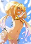  1girl absurdres ayuman ball beachball bikini blonde_hair blue_sky breasts cloud from_below highres kantai_collection long_hair low_twintails navel satsuki_(kancolle) side-tie_bikini sky small_breasts smile solo string_bikini swimsuit twintails very_long_hair water_drop yellow_bikini yellow_eyes 