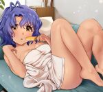  1girl :o absurdres antenna_hair bangs bare_arms bare_legs bare_shoulders barefoot blue_hair blush breasts cleavage collarbone couch drawer dripping dust_particles food hair_between_eyes hanamasa_ono highres idolmaster idolmaster_million_live! indoors knees_up looking_at_viewer medium_breasts naked_towel on_couch open_mouth picture_frame pillow plant popsicle potted_plant short_hair solo towel toyokawa_fuuka yellow_eyes 