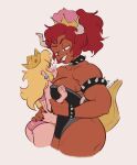  &lt;3 absurd_res blonde_hair blush bowsette_meme clothing crown duo ear_piercing ear_ring eye_contact female female/female hair hand_on_back hi_res horn humanoid looking_at_another mario_bros meme muscular muscular_female nintendo piercing princess_peach red_hair size_difference super_crown swimwear video_games ze-plush 