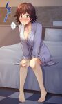  1girl barefoot bathrobe bed bed_sheet breasts cleavage highres honda_mio hotel_room idolmaster idolmaster_cinderella_girls indoors large_breasts pillow short_hair z.nov 