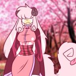  1:1 anthro asian_clothing bovid caprine clothed clothing crazy_guy_(artist) east_asian_clothing female fluffy fluffy_tail goat hair hi_res horn japanese_clothing long_hair long_tail mammal monster_tail pink sakura solo tongue white_body 