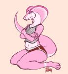  aiko_(furisukiii) anthro biped clothed clothing cobra crossed_arms fishnet furisukiii girly hi_res kneeling male navel pink_body pink_eyes pink_scales reptile scales scalie simple_background sketch snake solo 