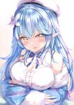  1girl bare_shoulders blue_hair bow bowtie braid breasts cleavage cleavage_cutout clothing_cutout flower fur_trim hair_flower hair_ornament hat highres hololive long_hair long_sleeves looking_at_viewer off_shoulder pointy_ears shirt sidelocks solo upper_body virtual_youtuber white_headwear white_shirt wide_sleeves yellow_eyes yuano yukihana_lamy 