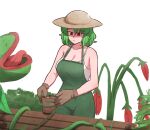  1girl bare_arms bare_shoulders breasts carnivorous_plant cleavage eyes flower flower_pot gloves green_hair green_overalls hat highres kazami_yuuka mata_(matasoup) overalls plant red_eyes short_hair sleeveless straw_hat table touhou vines wavy_hair white_background youkai 