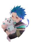  1boy 1other 4040_(shiii_yade) animal asymmetrical_bangs bangs blue_hair blush bracelet braid braided_ponytail child closed_mouth cu_chulainn_(fate)_(all) dog earrings fang fate/grand_order fate/grand_order_arcade fate_(series) floating_hair grin highres holding holding_animal holding_dog hood hood_down jewelry long_hair looking_at_another male_focus paws ponytail puppy red_eyes setanta_(fate) simple_background slit_pupils smile spiked_hair 