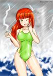  1girl bangs blunt_bangs blurry cloud cloudy_sky commentary_request contrapposto cowboy_shot de_ruyter_(kancolle) depth_of_field green_eyes green_swimsuit grey_sky kantai_collection kudou_(ooabareteng) lightning long_hair looking_at_viewer ocean one-piece_swimsuit one_eye_closed outdoors rain red_hair sky smile solo storm swimsuit waves 