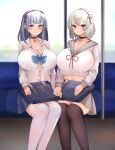  2girls absurdres alternate_costume azur_lane bag black_choker blue_skirt breasts brown_legwear button_gap choker cleavage commentary_request dido_(azur_lane) doinaka grey_hair grey_skirt highres large_breasts long_hair looking_at_viewer miniskirt multiple_girls partially_unbuttoned pink_eyes pleated_skirt red_eyes shirt sirius_(azur_lane) sitting skirt thighhighs white_hair white_legwear white_shirt 