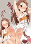  1girl barefoot blush brown_hair commentary_request feet foot_focus grey_background highres idolmaster idolmaster_(classic) long_hair looking_at_viewer minase_iori no.gomesu open_mouth orange_eyes shirt shoes_removed shorts sleeveless smile soles solo sweat t-shirt toes translation_request 