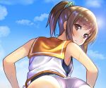  1girl ass brown_eyes brown_hair cloud frown hands_on_hips i-401_(kancolle) kantai_collection looking_at_viewer looking_back orange_sailor_collar ponytail redrawn reward_available sailor_collar shirt short_hair sky sleeveless sleeveless_shirt solo swimsuit upper_body violetshit wet white_shirt 