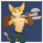  1:1 2021 abs anthro blue_background border bottomwear clothed clothing front_view gloves handwear hat headgear headwear hi_res holding_object jrjresq lombax male mammal muscular muscular_anthro muscular_male navel pants pecs ratchet ratchet_and_clank simple_background smile solo sony_corporation sony_interactive_entertainment standing tools topless topless_male video_games white_border wrench 