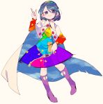  blue_eyes blue_hair boots cape dress full_body hairband highres knee_boots massakasama multicolored multicolored_clothes multicolored_dress multicolored_hairband pointing pointing_down pointing_up purple_footwear rainbow_gradient red_button shoes sky_print smile tenkyuu_chimata touhou two-sided_cape two-sided_fabric white_cape zipper 