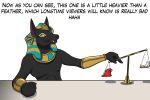  2021 anthro anubian_jackal anubis armwear canid canine canis clothing deity dialogue egyptian_mythology english_text featheredsnek feathers furniture headdress heart_(organ) hi_res humor jackal looking_at_viewer male mammal middle_eastern_mythology mythology organs simple_background solo table talking_to_viewer text weighing_scale white_background youtube youtuber 