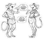  anthro belt buckteeth clothed clothing dialogue duo english_text female foot_wraps gesture hood humor male mammal mcnostril monochrome notched_ear pointing pointing_at_self rodent skaven smile talking_to_viewer teeth text warhammer_(franchise) wraps 
