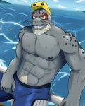  2021 5_fingers abs absurd_res anthro beard boat bulge clothing digital_media_(artwork) emyr_minotaur eyewear facial_hair fingers goggles grey_body hi_res looking_at_viewer male mammal marine muscular muscular_anthro muscular_male my_hero_academia nipples pecs pinniped pubes sea seal selkie_(my_hero_academia) shaded smile smirk solo spotted_seal vehicle water watercraft wet wet_body whiskers 