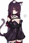  1girl animal_ear_fluff animal_ears arknights bangs breasts cat_ears cat_girl cat_tail commentary_request cowboy_shot dress elbow_gloves eyebrows_visible_through_hair gloves highres kitorakito long_hair looking_at_viewer medium_breasts melantha_(arknights) purple_dress purple_eyes purple_hair short_dress simple_background solo standing tail white_background 