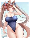  1girl absurdres arlene_(ju) bare_arms bare_legs bare_shoulders black_swimsuit blush breasts brown_eyes brown_hair cleavage collarbone cowboy_shot daiwa_scarlet_(umamusume) groin highres holding holding_eyewear large_breasts long_hair one-piece_swimsuit open_mouth smile solo sunglasses swimsuit tiara twintails umamusume wet 