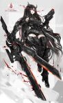  1girl absurdres black_hair boots executioner_(girls_frontline) girls_frontline glowing glowing_eyes gun high_heel_boots high_heels highres hip_vent long_hair mechanical_arms mechanical_boots mechanical_sword nslacka red_eyes sangvis_ferri single_mechanical_arm solo sword very_long_hair weapon 