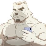  2021 anthro black_nose bodily_fluids canid canine canis cellphone cute_fangs domestic_dog fur hi_res humanoid_hands kemono male mammal nipples overweight overweight_anthro overweight_male peekeroro phone simple_background smartphone solo sweat white_background white_body white_fur 