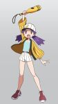  1girl :o arm_up baseball_cap blue_shirt casey_(pokemon) eyelashes full_body hat holding jacket knees long_hair monochrome open_clothes open_jacket open_mouth pokemon pokemon_(anime) pokemon_(classic_anime) purple_eyes purple_hair shirt shoes short_shorts shorts solo spread_fingers standing striped striped_shorts sweat tongue twintails white_background yoshi_(moco1) 