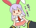  1girl animal_ears bunny_ears character_doll green_background junko_(touhou) koyama_shigeru long_hair necktie pink_skirt pov pov_hands purple_hair red_eyes red_neckwear reisen_udongein_inaba simple_background skirt touhou translation_request very_long_hair 