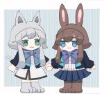  :3 amiya_(arknights) animal_ears animal_hood arknights black_jacket blue_bow blue_eyes blue_skirt blush_stickers bow brown_footwear brown_hair bunny_ears cat_ears cat_tail closed_mouth dress fake_animal_ears green_eyes grey_footwear grey_hair holding_hands hood jacket long_hair open_clothes open_jacket paw_shoes pleated_skirt rosmontis_(arknights) shirt shoes sidelocks skirt someyaya striped striped_background tail thick_eyebrows vertical_stripes very_long_hair white_dress white_shirt 