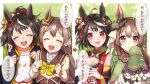  2girls animal_ears black_hair blush breasts brown_hair casual cleavage closed_eyes commentary_request detached_sleeves hair_ornament happy highres horse_ears kitasan_black long_sleeves multiple_girls red_eyes ribbon rokico satono_diamond school_uniform sweatdrop translation_request umamusume yellow_eyes younger 